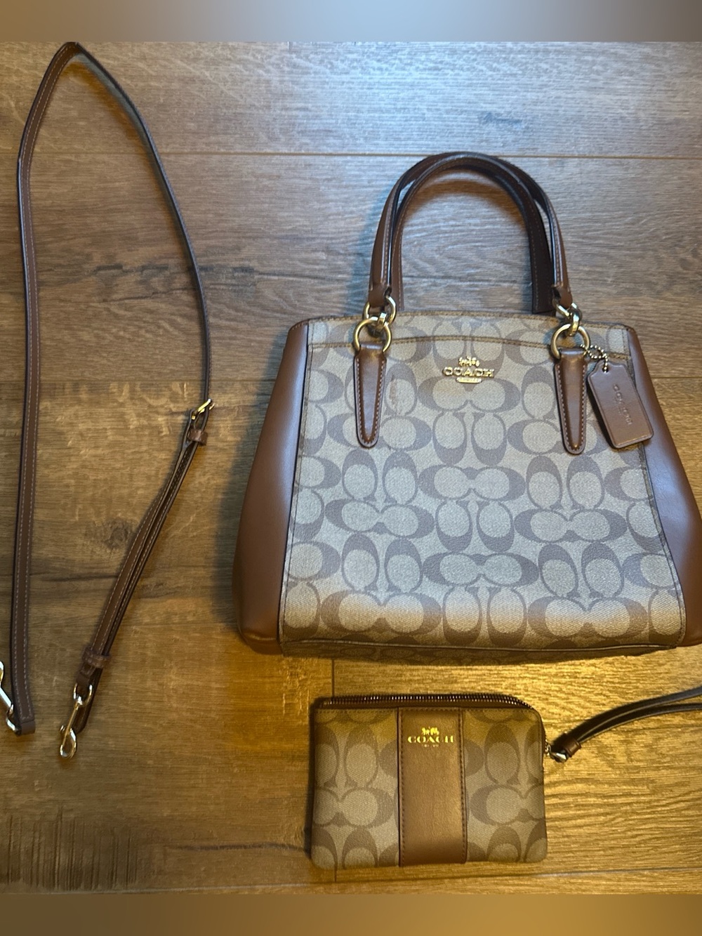 Coach Brown Signature Canvas Satchel with Detachable Strap and Wristlet
